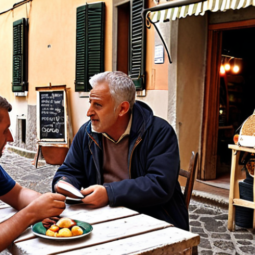 Home 13 **Image Prompt 1: "Ascoltare il Mercato con Attenzione: Oltre i Numeri Freddi"**
A person, perhaps an entrepreneur, deeply engaged in an empathetic conversation with a local Italian customer or small business owner (e.g., an agriturismo proprietor or artisan) in an authentic Italian setting like a bustling local market or a cozy café. The scene emphasizes active listening, understanding emotions, and subtle nuances beyond cold data, with the person taking notes or observing intently. The atmosphere is warm, collaborative, and human-centric.