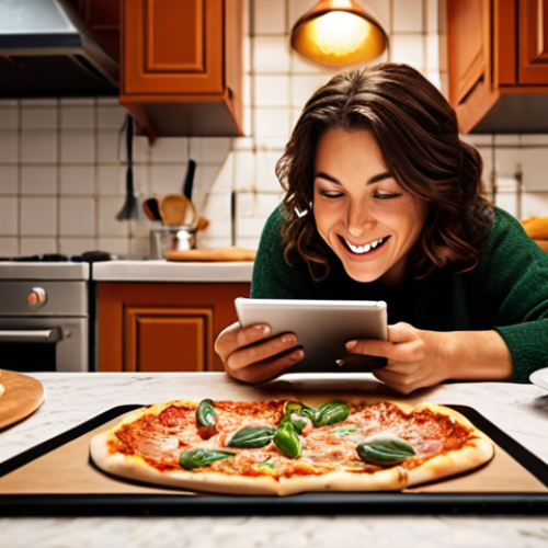 Home 8 **
A cozy Italian kitchen scene. A person is smiling while taking a quiz on a tablet about regional Italian cuisine. Pizza and pasta dishes are in the background. The scene has warm, inviting lighting.
**