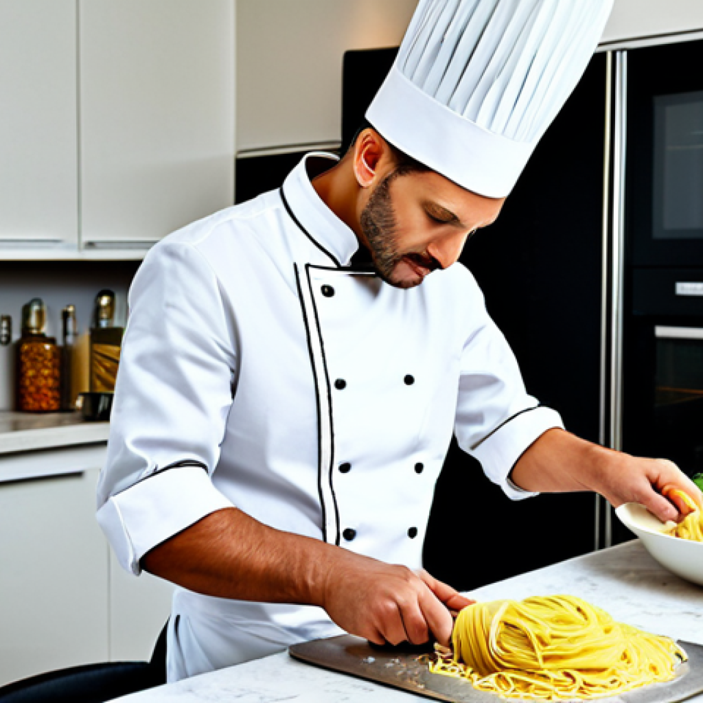 Online Cooking Course**
"A professional chef, fully clothed in a clean chef's uniform, demonstrating how to make pasta in a bright, modern Italian kitchen, appropriate attire, safe for work, perfect anatomy, natural proportions, educational setting, well-lit, high-resolution photograph, family-friendly, modest."
**